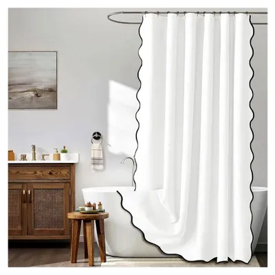 Produktbild von Duschvorhang 180 x 200 cm, Anti-Schimmel, wasserdicht, einfarbig weiß mit schwarzer Welle, Badewannenvorhang mit 12 Duschvorhängeringen