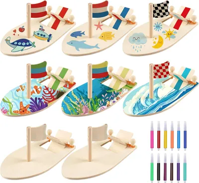 Produktbild von Holzboot Holz Bastelset Kinder, 8 Stück Holz Basteln Kinder, Mini Segelboot Basteln zum Bemalen, Holzbastelsets Lernspielzeug mit Aquarellstift für Mädchen Jungen Kindergeburtstag