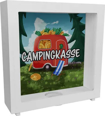 Produktbild von Rahmen Spardose aus Holz mit Camper Motiv und Text - Wohnwagen im Wald