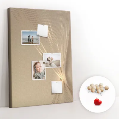 Obrázek produktu pro Korková nástěnka s kolíčky - Tabule s kolíky pro fotografie a poznámky - 70x100 cm - Připínáčky dřevěné 100 kusů - Abstraktní světlo