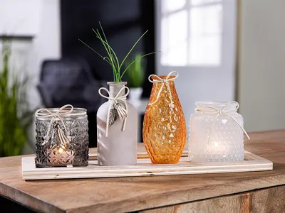 Imagen del producto de Conjunto de 5 piezas, decoración, vidrio, gris, naranja, blanco, caja de 2 unidades, largo 14 cm, ancho 38 cm, alto 13,5 cm. Código: 50635. EAN: 4063387506356