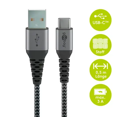 Produktbild von USB-C™ auf USB-A Textilkabel mit Metallsteckern (spacegrau/silber), 0,5 m elegantes und extra-robustes Verbindungskabel für Geräte mit USB-C™-Anschluss