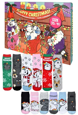 Produktbild von Pummel & Friends Pummeleinhorn Adventskalender mit 12 Paar Socken Größe 35-41 für Damen Weihnachtskalender mit Sneakers und langen Socken