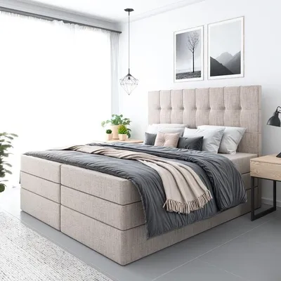 Produktbild von Bett, Boxspringbett FARO PLUS mit 2-Matrazen und Topper Visco, Doppelbett, Schlafzimmer, Polsterbett, 120x200 cm(Beige - AUIRA 01)