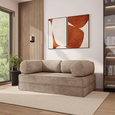 Produktbild von Masseno Schaumstoffsofa ALVIO mit Schlaffunktion, Schlafsofa, Wohnzimmersofa, Couch, Sofa, Bettsofa, Kordstoff – Beige POSO 02