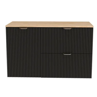 A front view of a black vanity cabinet with a wooden top and ribbed doors.