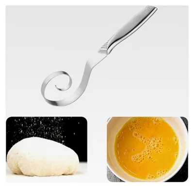 Produktbild von Teigbesen aus Edelstahl für die Küche, geeignet zum Backen von Pasta, Kuchen, Brot, Keksen und Pizza.