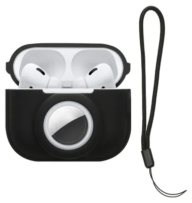 Produktbild von kwmobile 2-in1 Schutzhülle für Apple Airpods Pro 2 Hülle - Kopfhörer Silicon Case kompatibel mit AirTag - stoßfestes Cover mit Karabiner - Schwarz