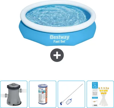 Produktbild von Bestway runder aufblasbarer Fast-Set-Schwimmpool – 305 x 66 cm – Blau – inklusive Pumpe Filter - Reinigungskit - Teststreifen