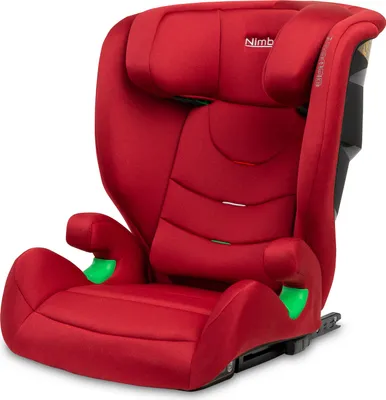 A red child car seat shown from a three-quarter angle on a white background.