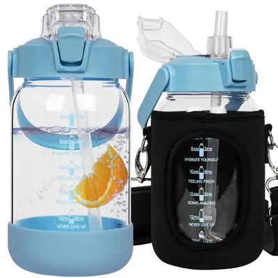 Productafbeelding van Omgoods - 1L Glazen Drinkfles met Rietje en Tijdmarker