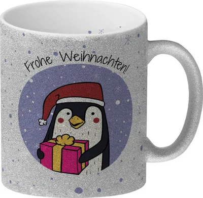 Produktbild von Frohe Weihnachten Glitzer-Kaffeebecher mit süßem Pinguin