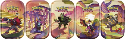 A collage of five Pokemon trading card game mini-tins, each featuring a different Pokemon character and artwork.