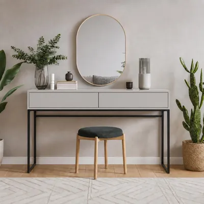 Produktbild von BEAUTYSOFA | GIANA Schminktisch 137 cm, Sandbeige, Frisiertisch grifflos mit 2 Schubladen, Kosmetiktisch modern Konsole, Push-to-Open, Metallgestell, KI-generiertes Bild