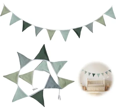 Image de Guirlande de fanions pour chambre d'enfant, décoration, tissu, vert clair, coton