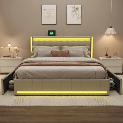 Produktbild von Fortuna Lai Polsterbett LED, mit Aufladen USB Ladefunktion Kopfteil und 4 Schubladen,Doppelbett 140x200cm Stauraumbetten Bettgestell, Lattenrost aus Holz, Beige