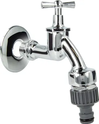Produktbild von tecuro Auslaufventil 1/2 Zoll, Knebeloberteil, Rohrbelüfter DVGW, Steckkupplung, Wandrosette - Messing hochglanzverchromt