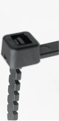 A close-up view of the locking mechanism of a black zip tie.
