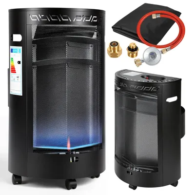 Obrázok produktu pre Ikodm mobilný plynový ohrievač Blue Flame, 1600 W/4200 W, s regulátorom tlaku a hadicou, 4 otočné kolieska, vrátane 2 adaptérov pre zásuvku typu E