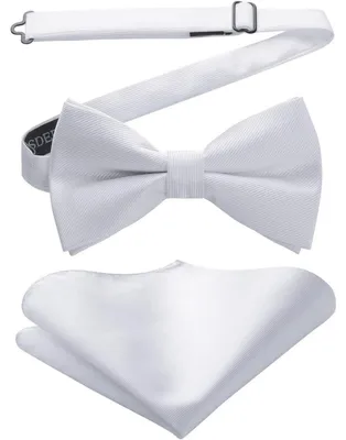 Immagine prodotto di Set da uomo composto da farfalla e fazzoletto da taschino, pre-legata, colore bianco, realizzata in poliestere e seta