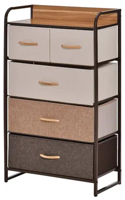Produktbild von Kommode mit 5 faltbaren Stoffschubladen Stahlrahmen MDF-Ablage Kippschutz verstellbare Füße 58 x 29 x 99 cm