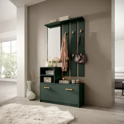 Produktbild von Selsey Yesfir-Flur-Set in Flaschengrün mit Spiegel, Garderobe, Regalen und Schuhschrank