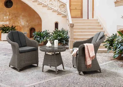 Produktbild von Destiny Balkonset MALAGA 2 Sessel + Tisch Ø60x55cm, Polyrattan, vintage grau