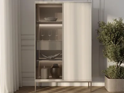Produktbild von GrainGold Vitrinenschrank Deo - Vitrine mit Tür - Vitrine mit LED-Beleuchtung, Highboard Schrank, Vitrine mit Glas - Vitrine Holz - Vitrine Kaschmir