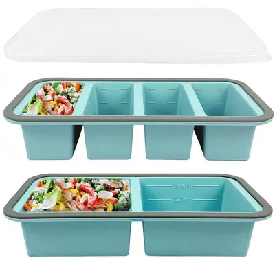 Produktbild von 2St Silikon Gefrierform mit Deckel, BPA-frei Suppenwürfel Form 4+2 Kavitäten, Auslaufsicher Gefrierbehälter für Brühe Soße Babynahrung, Kühlschrank Aufbewahrungsbox Spülmaschinengeeignet
