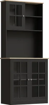 Image de HOMCOM Buffet cuisine, meuble cuisine rangement haut, meuble de rangement avec plan de travail, 3 portes vitrées, 2 niches et étagères réglables, 80 x 37 x 183 cm, noir chêne