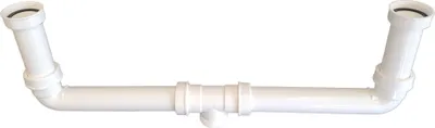 A white plastic plumbing trap for a double sink, shown against a white background.