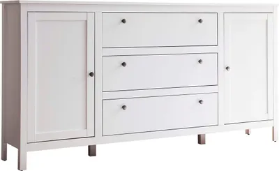 A white dresser with three drawers and two side cabinets.