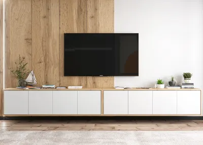 Obrázek produktu pro 2 ks Závěsná RTV skříňka - Apollo2 + Apollo2 - Závěsné TV skříňky - Loftový styl, Lindner nábytek - 300cm, Barva: dub Wotan matný - bílý matný