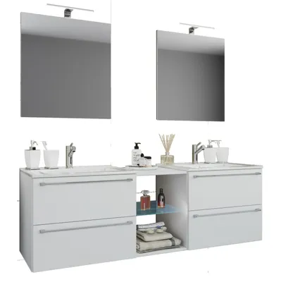Produktbild von 3 stk. Sæt | 2 håndvaske, 2 spejle, 2 håndvaske, 1 midterste rum | keramiske håndvaske | skab 155 cm | badeværelse møbler sæt dobbelt toilet - Badinos XXL