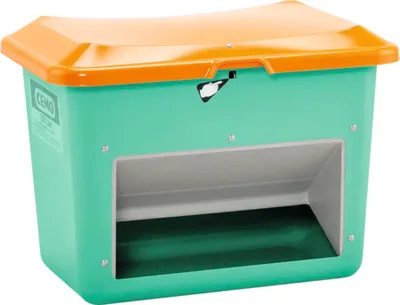 Produktbild von CEMO Streugutbehälter PLUS3 grün-orange-grau mit Entnahmeöffnung 200 l