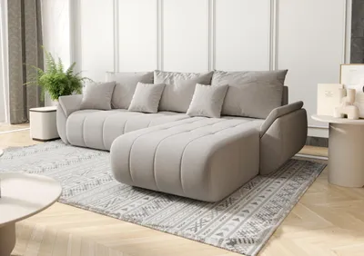 Image de Canapé d'angle avec fonction sommeil et coffre de lit TOKYO, tissu WIND, beige, droite