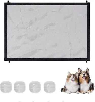 Image de Unyqoos® : Barrière de sécurité amovible pour escaliers et portes, sans perçage – réglable de 0 à 72 cm, avec 4 crochets adhésifs, filet transparent pour enfants et animaux de compagnie