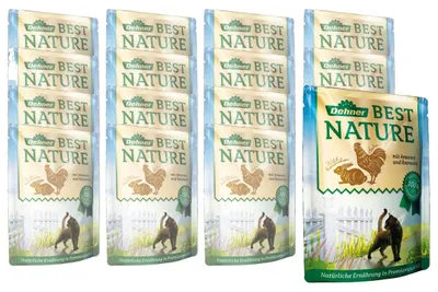 Produktbild von Dehner Best Nature Katzenfutter, Nassfutter, für ausgewachsene Katzen, Wildkaninchen / Huhn / Amarant, 16 x 85 g Beutel (1.36 kg)