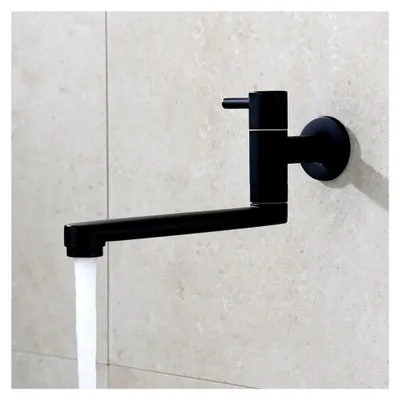 Produktbild von Wasserhahn für die Küche zur Wandmontage, Kaltwasserarmatur mit 360° drehbarem Auslauf, 18 cm lang, Edelstahl Schwarz