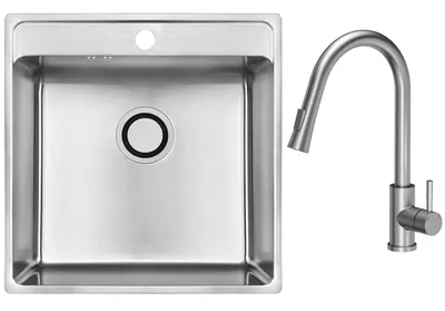Produktbild von VBChome Edelstahlspüle mit Armatur 49x48x21 cm – Gebürsteter Inox Edelstahl, Großes Becken, Einbauspüle mit Hahnloch, Siphon und Ausziehbarer Auslauf