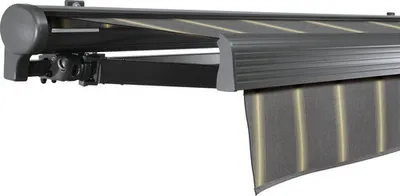 Produktbild von SOLUNA Halbkassettenmarkise Comfort 5x3 Dessin D417 Gestell DB703 dunkelgrau Antrieb links inkl. Motor und Wandschalter