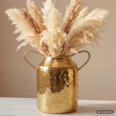 Produktbild von WOHNLING Tischvase Aluminium 32cm Gold Blumenvase mit Henkel Metallvase Dekovase rund für Trockenblumen Alu Standvase Vase Hoch Wohndeko Handmade, KI-generiertes Bild