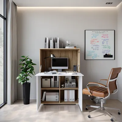 Produktbild von MINIO Sekretär VEVE OFFICE 90 mit LED-Beleuchtung, Büroschrank 90 x 125,1 x 42 cm – Sonoma Eiche / Weiß Hochglanz