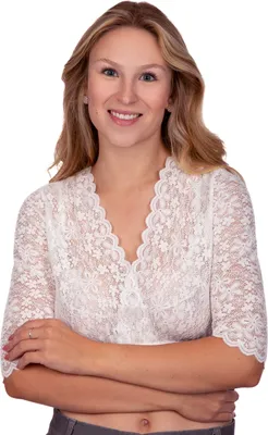 Produktbild von Dirndlbluse Thesi, Größe 54, Creme, elastische Spitze, ellbogenlange Ärmel, Blumenmuster
