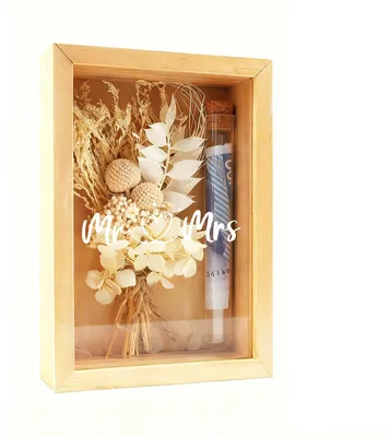 Produktbild von Geschenkbox mit Trockenblumen und Reagenzglas, Geldgeschenk zur Hochzeit, Holzbox, für Brautpaar