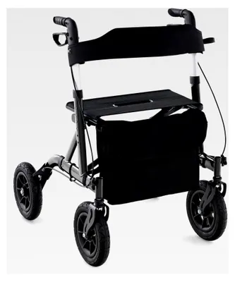 Produktbild von Rollator mit Sitz für Senioren, Aluminium 6-fach höhenverstellbar, faltbar und leicht, Laufhilfe mit Luftbereifung, 2 in 1 Rollstuhl & Reiserollator bis 136 kg (Schwarz)