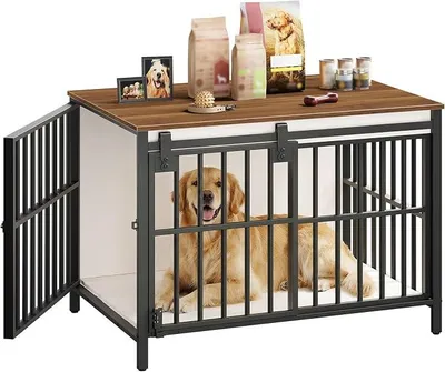 Produktbild von Hundekäfig Möbel, 100cm Hundebox für Zuhause, 2 Türen, Schiebetür, Moderne Hundebox Indoor für kleine bis mittelgroße Hunde, Hundekäfig Hochbelastbar, Weiß und Walnuss EBWH163GW03