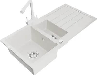 Immagine prodotto di Mexen Andres lavello in granito a 1,5 vasche con gocciolatoio e rubinetto da cucina Duero, bianco - 6515-20-671600-20