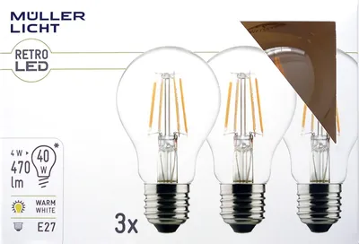 The image shows the packaging of Müller Licht LED bulbs, with three bulbs visible.