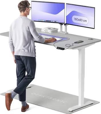 Zdjęcie produktu dla Desktronic HomePro biurko z elektryczną regulacją wysokości 160x80cm biały/szary z funkcją pamięci, technologią antykolizyjną, portami ładowania USB-A i USB-C